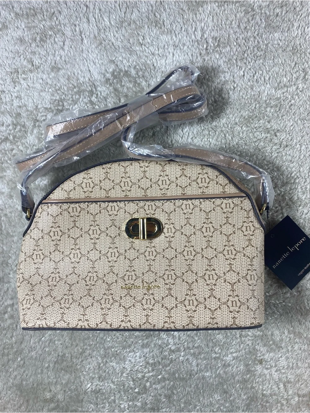 NWTNanette Lepore Neutral Monogram Dome Crossbody with Gold Hardware